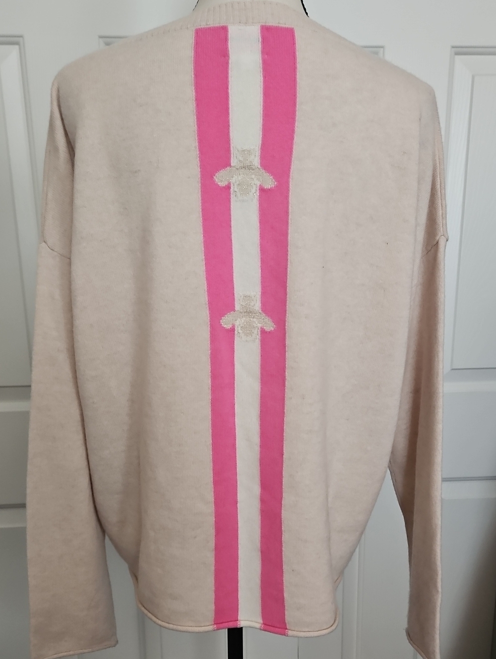 Pink Pineapple Cream Women’s Cashmere Sweater with Pink Stripe Detail Size Large